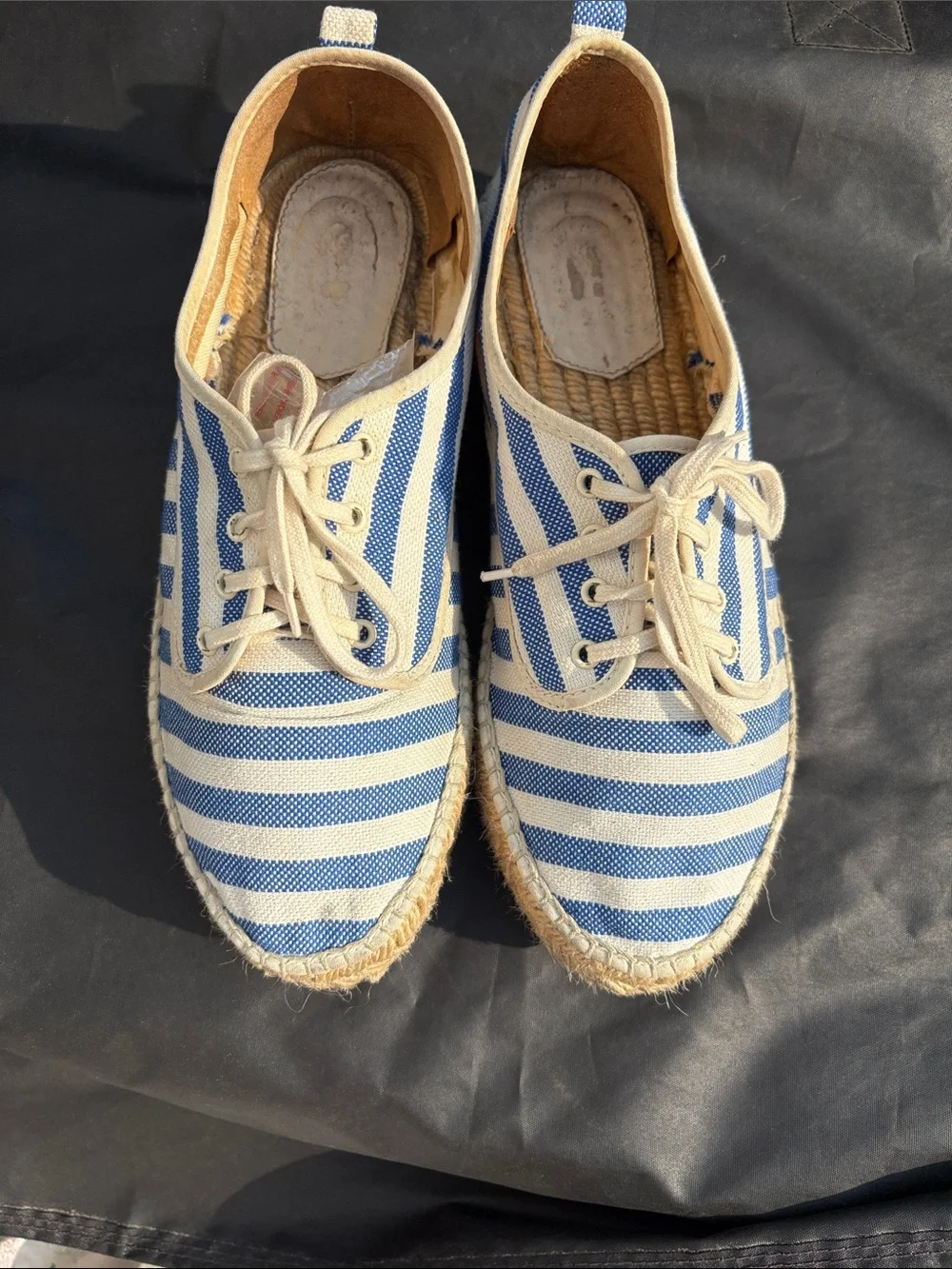 Loeffler Randall Blue and Cream Striped Canvas Espadrilles with Lace-Up Front